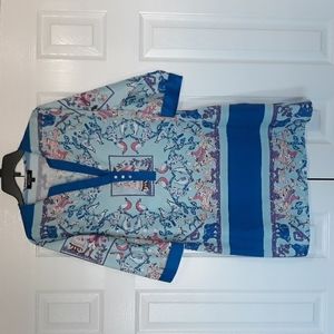Beulah Women Tunic Shirt Dress pullover polyester blue pink birds dog size S EUC
